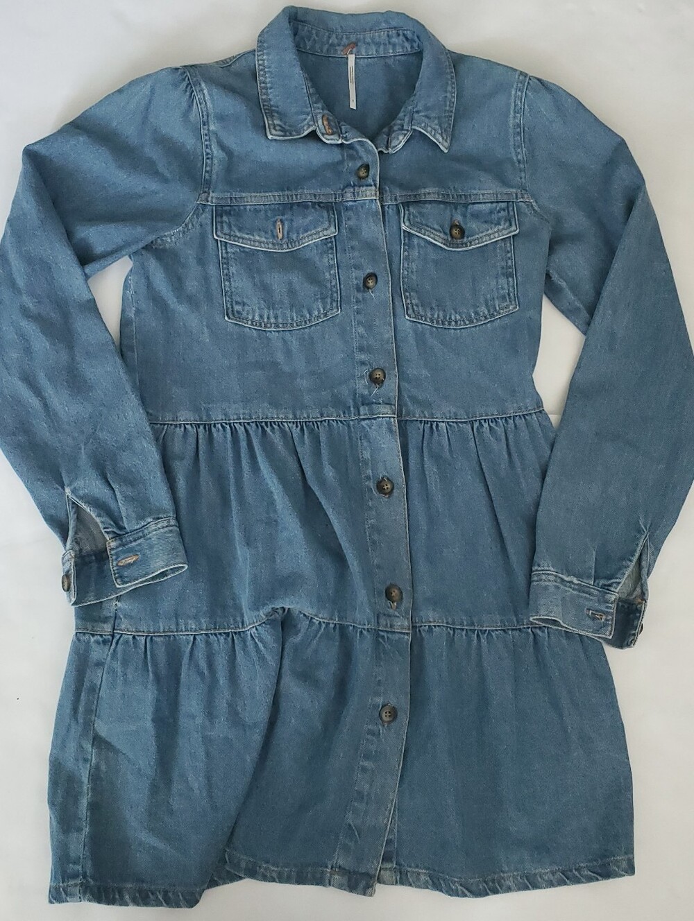 Free People Nicole Denim Long Sleeve Tiered Shirt Dress Size Small Blue